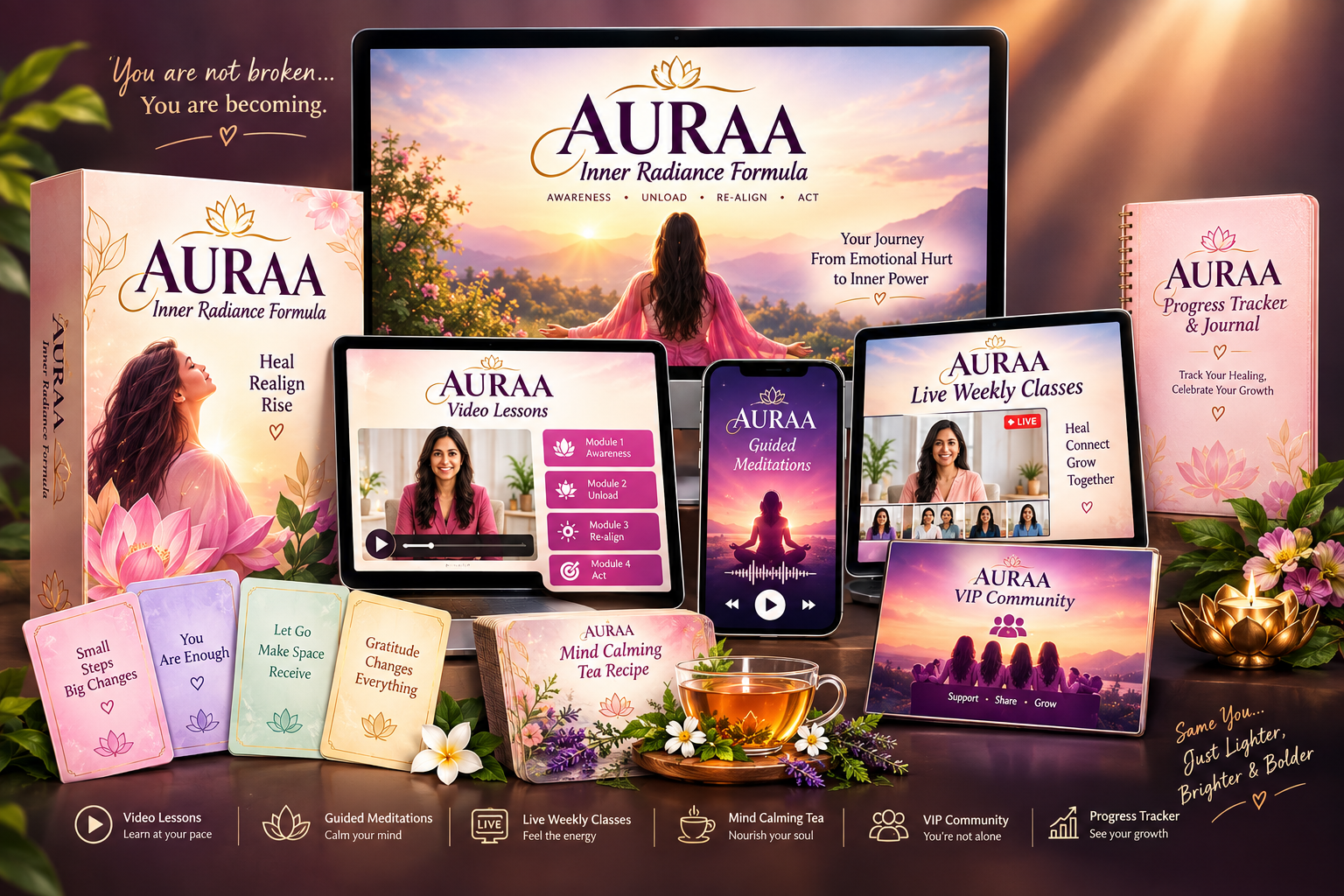 AURAA emotional wellbeing program shown across video, audio, guide and community formats